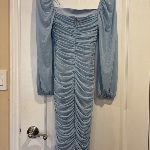 Light blue formal dress with mesh sleeves - Picture 2 of 5